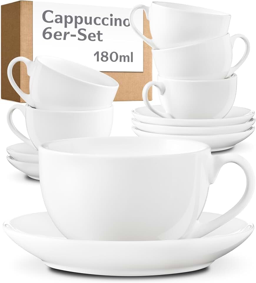 Cosumy Cappuccino Tassen Set 6er Weiß 180ml – Kaffeetassen Set Keramik