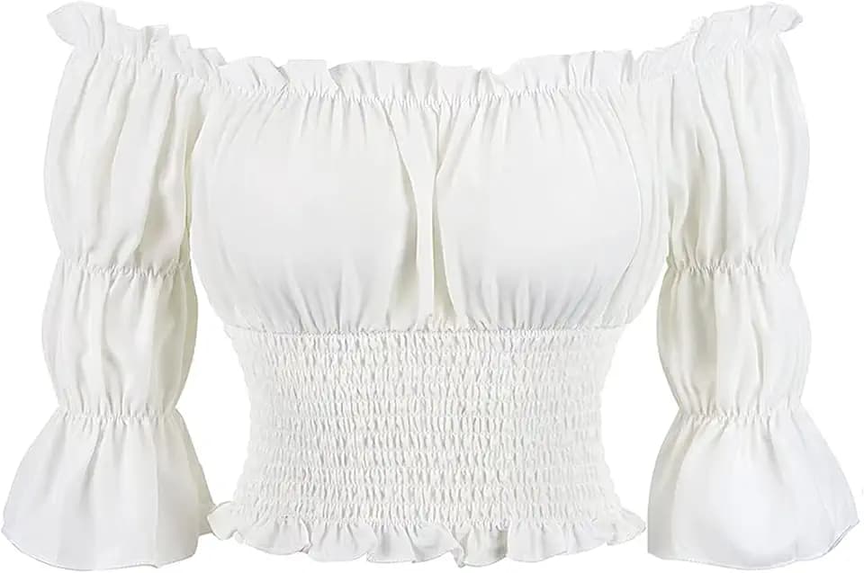 IMEKIS Damen Renaissance-Mittelalter-Hemd, schulterfrei, Piratenbluse, Halloween-Kostüm, kurze Puffärmel, einfarbig, gesmokte Taille, bauchfreies Top