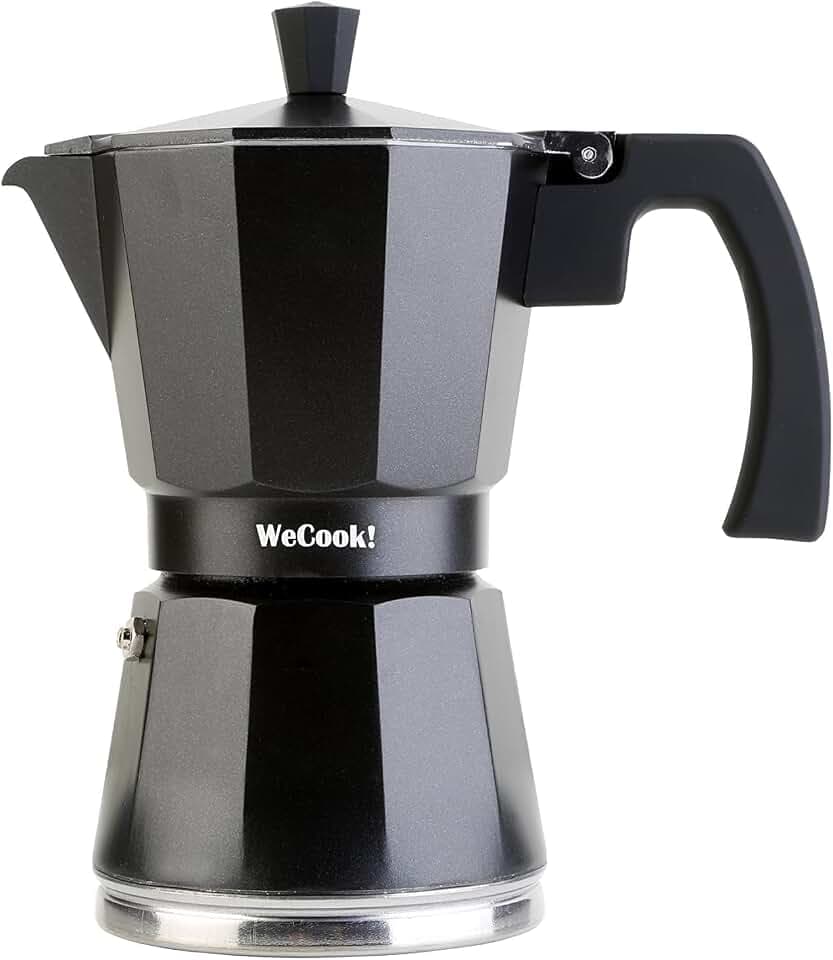 WECOOK! Luccia Espressomaschine Induktion, Espressokocher, Italienischen Kaffee, Moka-Kanne Kaffeebereiter Aluminium, 1-3 Tassen, Sockel aus Edelstahl, Sicherheitsventil, Vitrokeramik, Gas, Schwarz