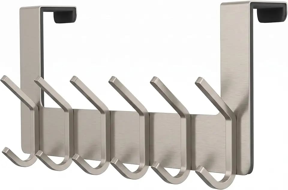 Brushed Nickel Over The Door Hooks – Heavy Duty Stainless Steel Door Hanger with 6 Double Hooks for Hanging Towels, Coats, Robes, Hats, Bags – No Drill Over Door Towel Rack for Bathroom & Bedroom