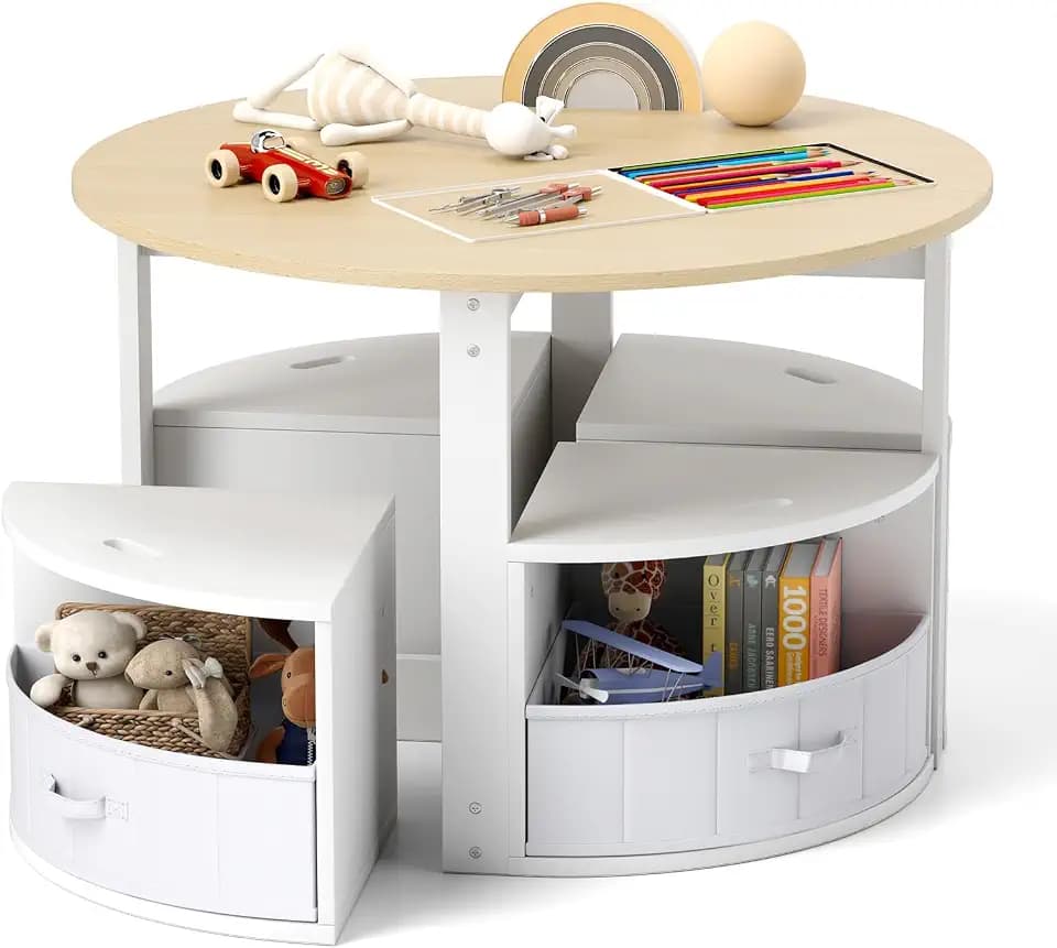 FANTASK Kindertisch mit 4 Stühlen, Kinder Tisch Stuhl Set inkl. Maltisch, 4 Stauraumhocker & 4 Stoffschubladen, Sitzgruppe platzsparend für Kinder ab 3 Jahren (Natur)