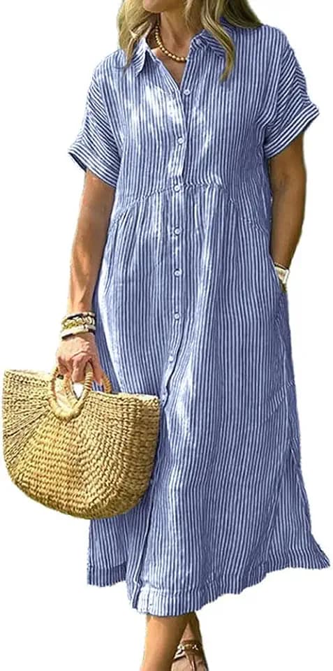 chouyatou Women's Summer Striped Midi Long Shirt Dress Casual Loose Short Sleeve Button Down Dress