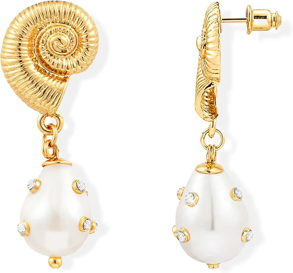 Shell Conch Earrings for Women - 14K Gold Plated Summer Beach Earrings, Hypoallergenic Zirconia Dangle Drop Earring for Women, Summer Vacation Beach Jewelry Personalized Birthday Gifts