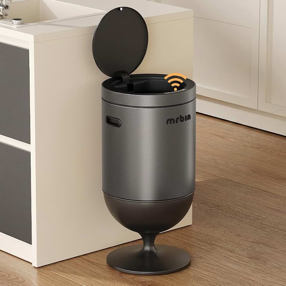 Mrbin Stainless Steel Motion Sensor Trash Can with Lid, 5.3 Gallon Wine Glass Shaped Automatic Waste Basket Touchless, Smart Round Tall Garbage with High Leg for Office, Bedroom, Kitchen, Eclipse Grey