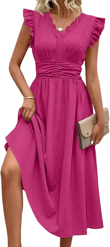 SHEWIN Women Summer Elegant Ruffle Sleeve Dress Semi Formal Outfits