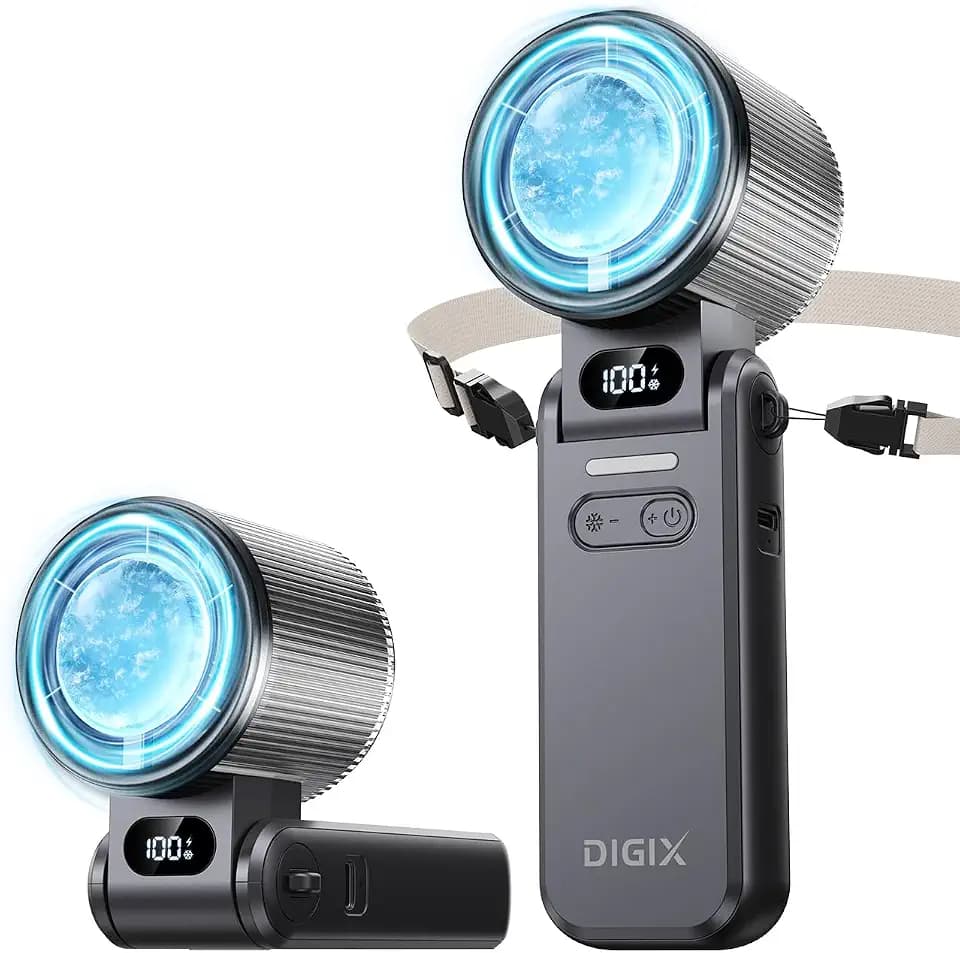 DIGIX Portable Handheld Turbo Fan with Ice Cooling, Rechargeable Personal Fan, Up to 15Hrs Cooling, 100 Speeds 25000RPM Powerful Portable Fan for Travel Outdoor,120° Adjustable, LED Display (Black)