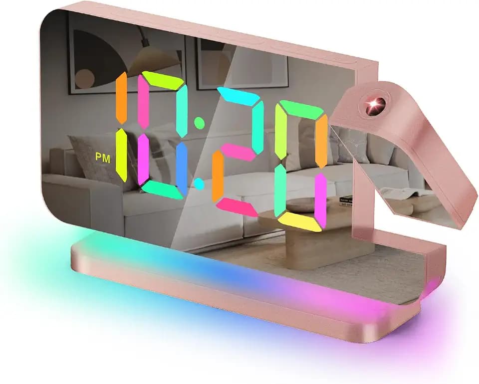 Projektionswecker,7,4” LED-Spiegel-Digitaluhren,Großes Display,180°Projektor,RGB-Nachtlicht,USB-C-Anschluss,automatischem Dimmer,Tischuhr für Schlafzimmer mit tiefem Schlaf,Teenager,Erwachsene,Mädchen