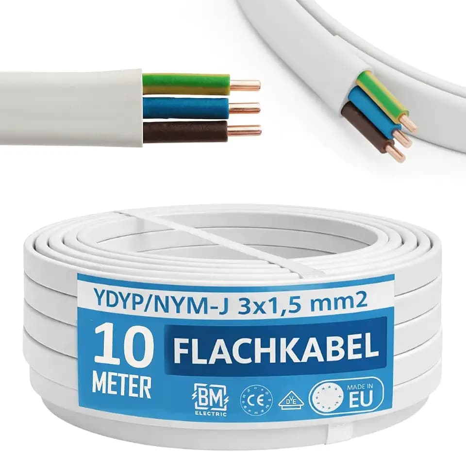 NYM Kabel 3x1,5 mm² YDYp – Stromkabel 3-polig, Flachkabel 10 m, 10×5 mm, Fensterdurchführung, Feuchtraumkabel, massive Kupferleiter, 300/500 V