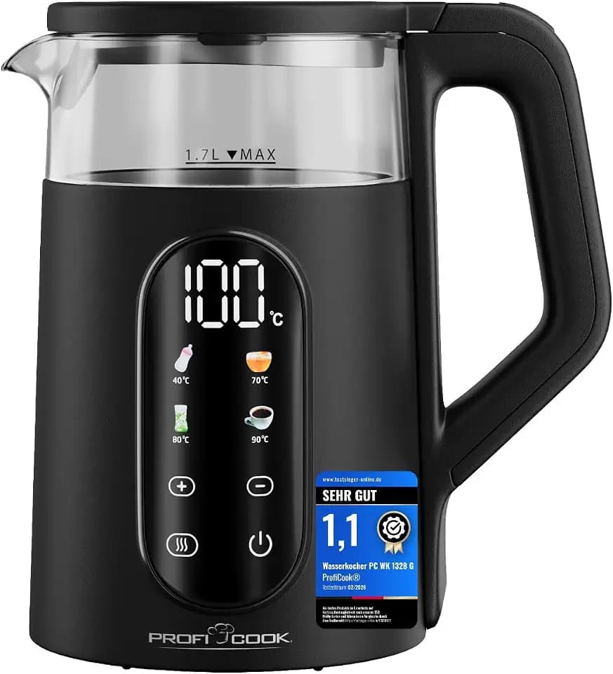 ProfiCook® Wasserkocher mit Temperatureinstellung | 40-100°C | 1,7L | Schnellstartfunktion | 2200W | Glasbehälter wärmeisoliert | Warmhaltefunktion | Einhandbedienung | PC WK 1328 G
