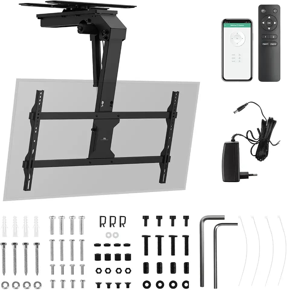 Maclean MC-109 T Elektrische TV-Deckenhalterung | Für 43-86 Zoll Fernseher | VESA Bis 800x400 | Leiser Motor Mit Fernbedienung & Tuya-App | Neigbar & Drehbar | Max. 45kg Traglast | Antikollisionsschut