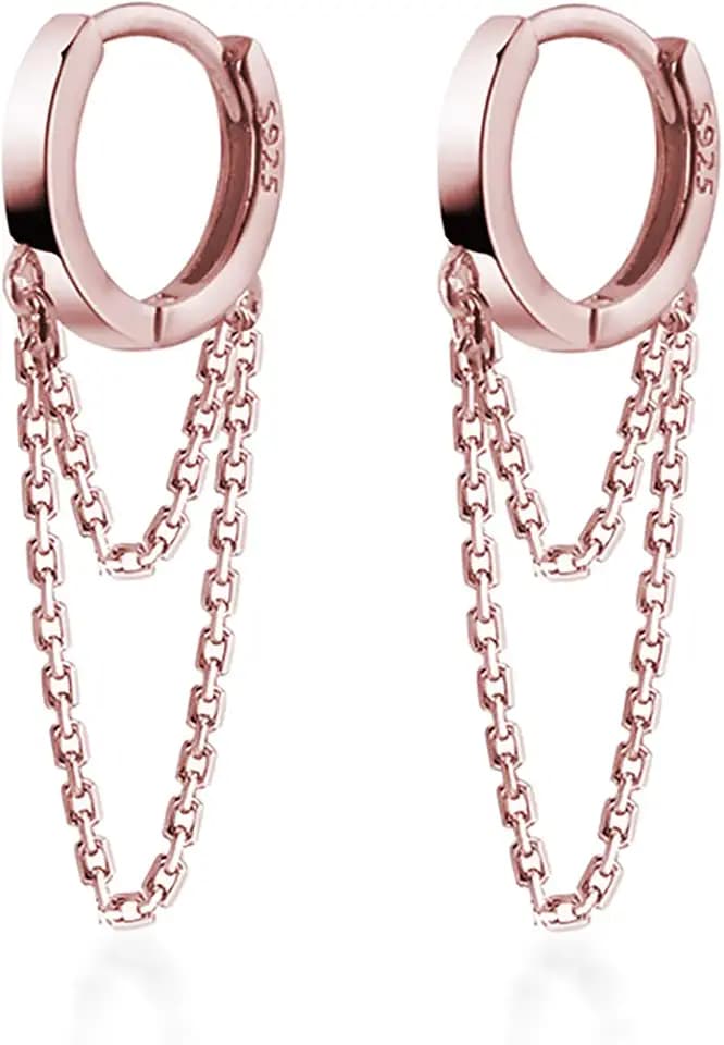 Reffeer Solid 925 Sterling Silver Tassel Chain Drop Dangle Small Hoop Earrings Huggie for Women Teen