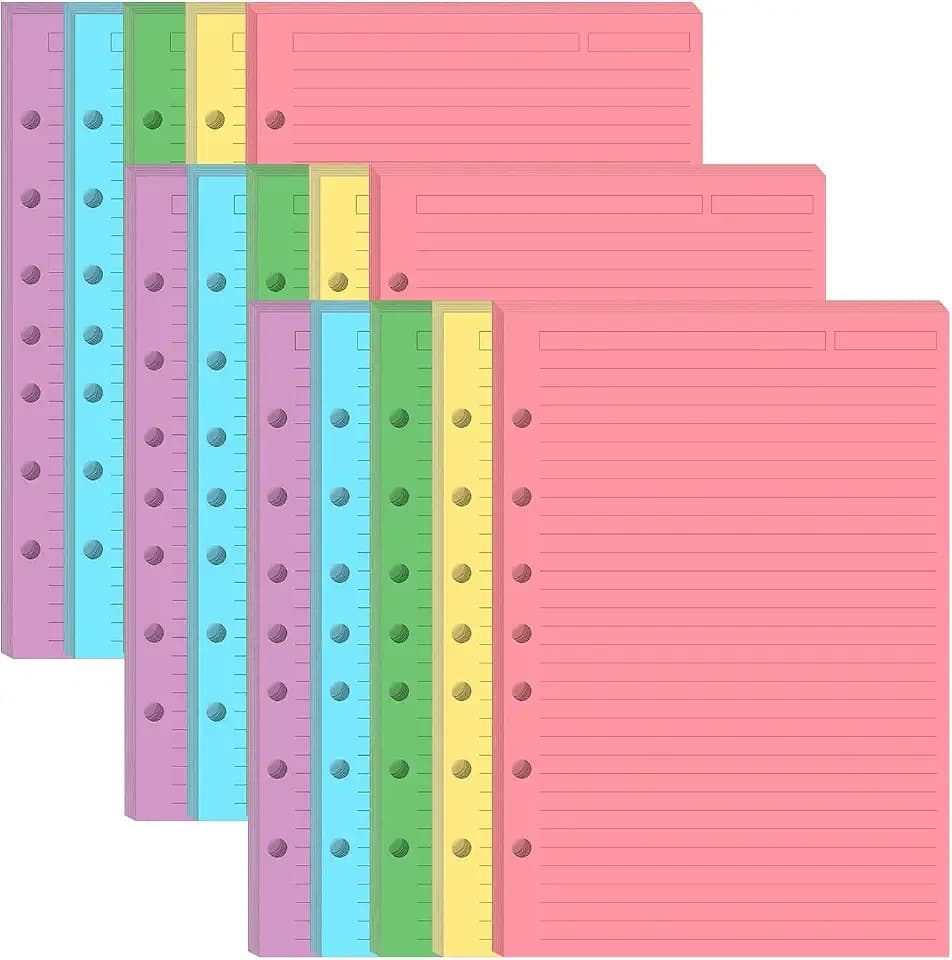 (3-Pack) Mini Binder 5 Colorful Line Paper for 3 or 7 Ring Binders - 300 Sheets/600 Pages Loose Leaf Paper Line Refills, Per Color 60 Sheets, Desk Size 4, 5.8" x 8.5"