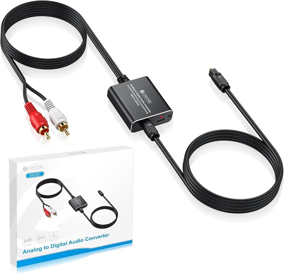 eSynic Analog zu Digital Audio Konverter RCA auf optisch mit optischem Kabel Aluminium-Legierung Shell Analog auf Digital Wandler geeignet für Plattenspieler, CD-Player, Soundbars
