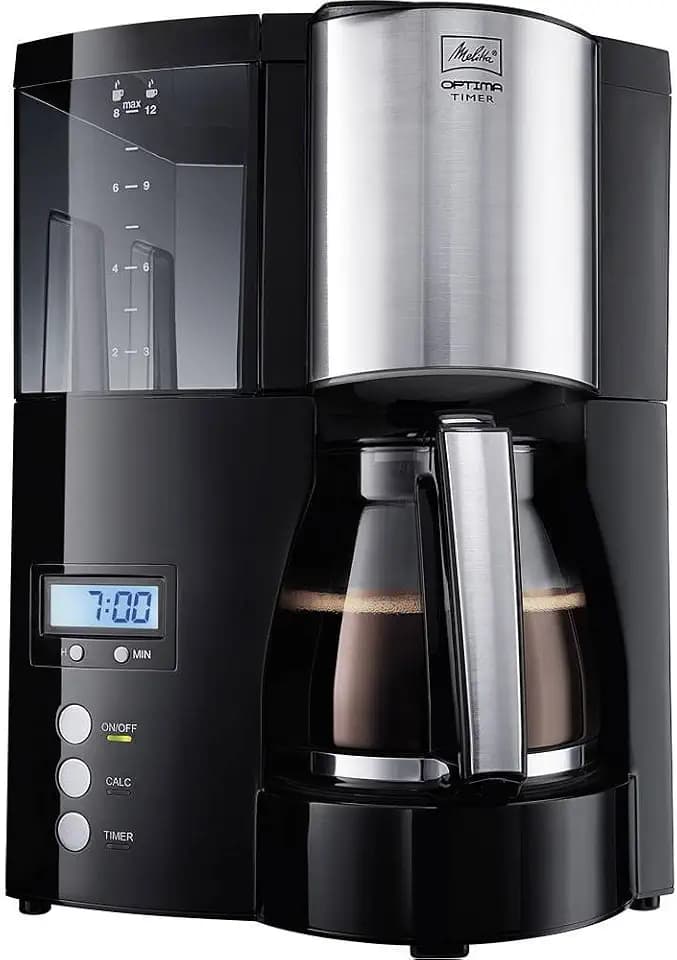 Melitta Optima Timer – Filterkaffeemaschine mit Glaskanne, entnehmbarem Wassertank und Timer-Funktion, für bis zu 8 Tassen Kaffee, in Schwarz/Edelstahl