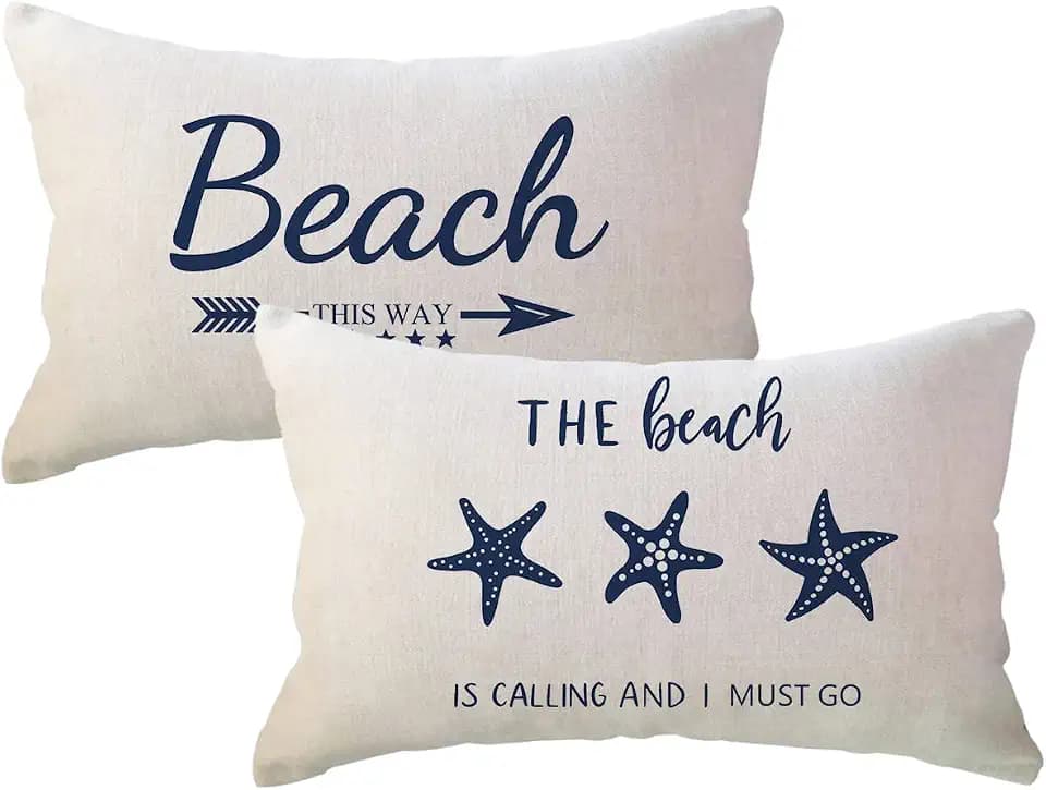 ULOVE LOVE YOURSELF Blue Beach Decor Lumbar Throw Pillow Cover with Starfish Cushion Covers Summer Holiday Beach House Decorative Rectangular/Waist Pillowcases 12x20 inch, Set of 2