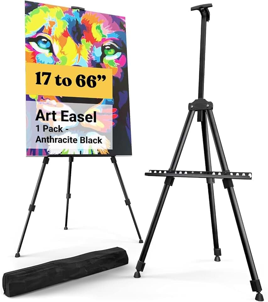 T-Sign 17 to 66 Inch Heavy Duty Easel Stand - Adjustable Metal Tripod Art Easel for Painting and Display, Portable Canvas Stand with Carrying Bag for Artists, Tabletop and Outdoor Use (Black, 1 Pack)