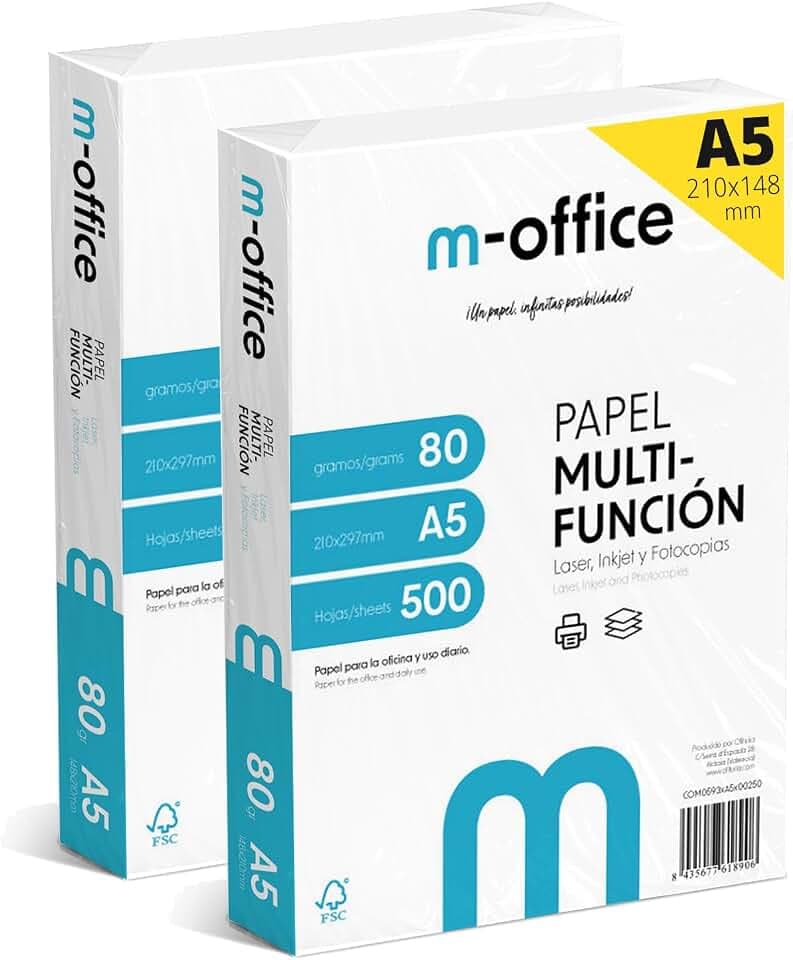 A5-Papier, 80 g, 2 Packung mit 500 Blatt, Multifunktionspapier für Inkjet- und Laserdrucker, A5-Blätter, 148 x 210 mm, ideal für Büro und Zuhause · m-office (1000 Blatt)