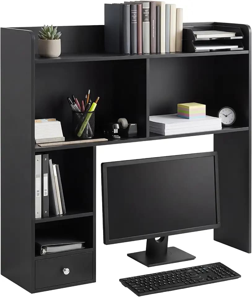 Cinnvoice White Desktop Bookshelf Countertop Storage Hutch with Drawer for Computer Desk 5-Tier Display Rack Multipurpose Wood Desktop Hutch Storage Organize for College Dorm Home Office Supply