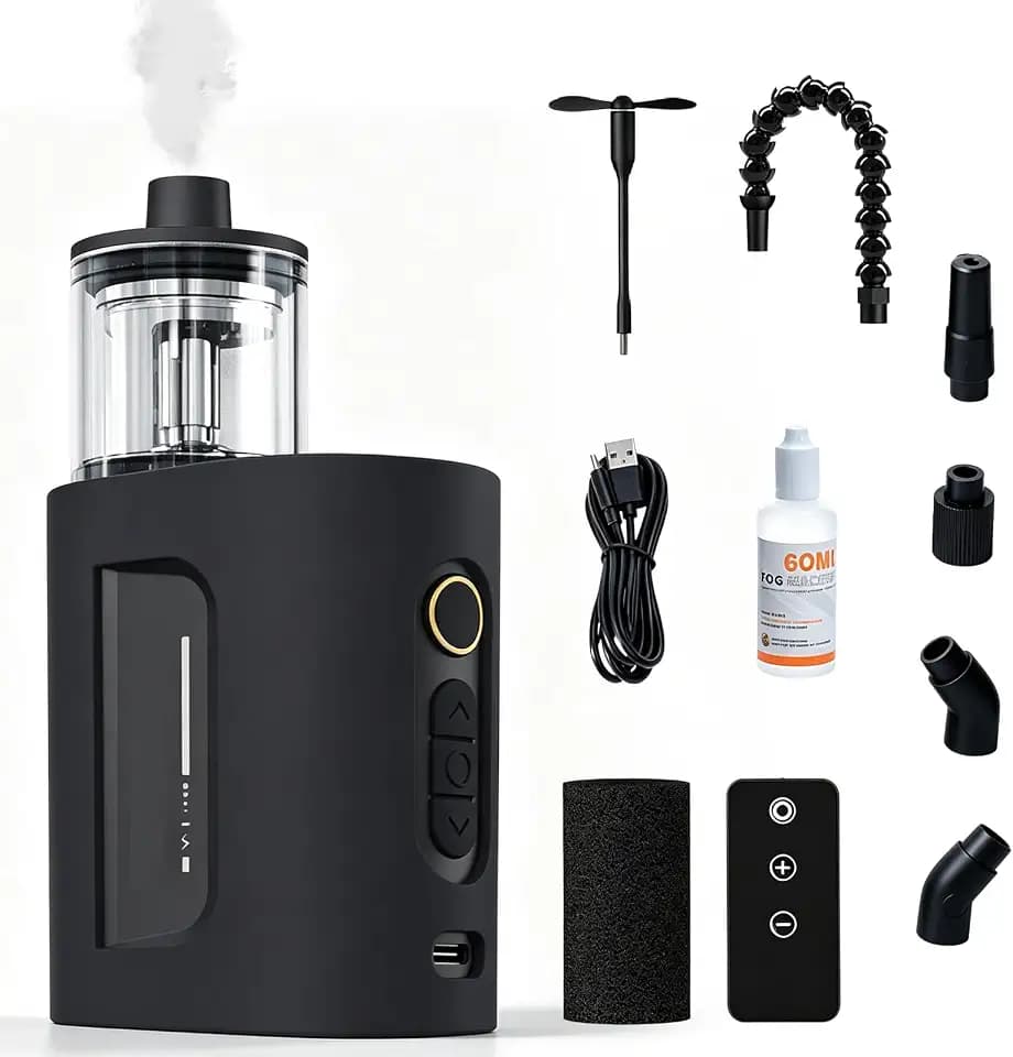 Mini Nebelmaschine mit Fernbedienung, CF3 30W Tragbarer Fogger Smoke Machine mit Akku, USB-Lüfter, 5 Einstellbare Intensitätsstufen, Videoproduktion Rauchmaschine für Fotografie Partys Halloween