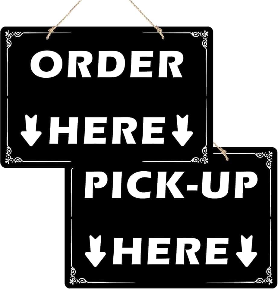 Order Here and Pick Up Here Signs,2 Pack Double-Sided Order Here Signs Pick Up Hers Sign with 4 Twines Perfect for Restaurants, Cafes, and Bars ,Bakery , Ice Cream Stand Decor Pick Up Kiosk Retail-12"