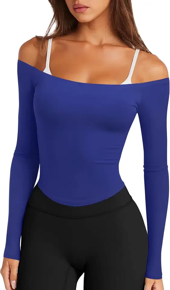 LASLULU Womens Sexy Off The Shoulder Long Sleeve Strapless Workout Crop Top