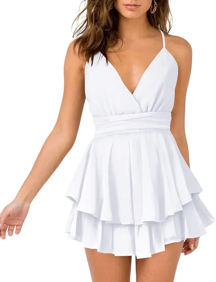 Hocuos Women's Summer V-Neck Spaghetti Strap Waist Tie Ruffle Mini Dresses