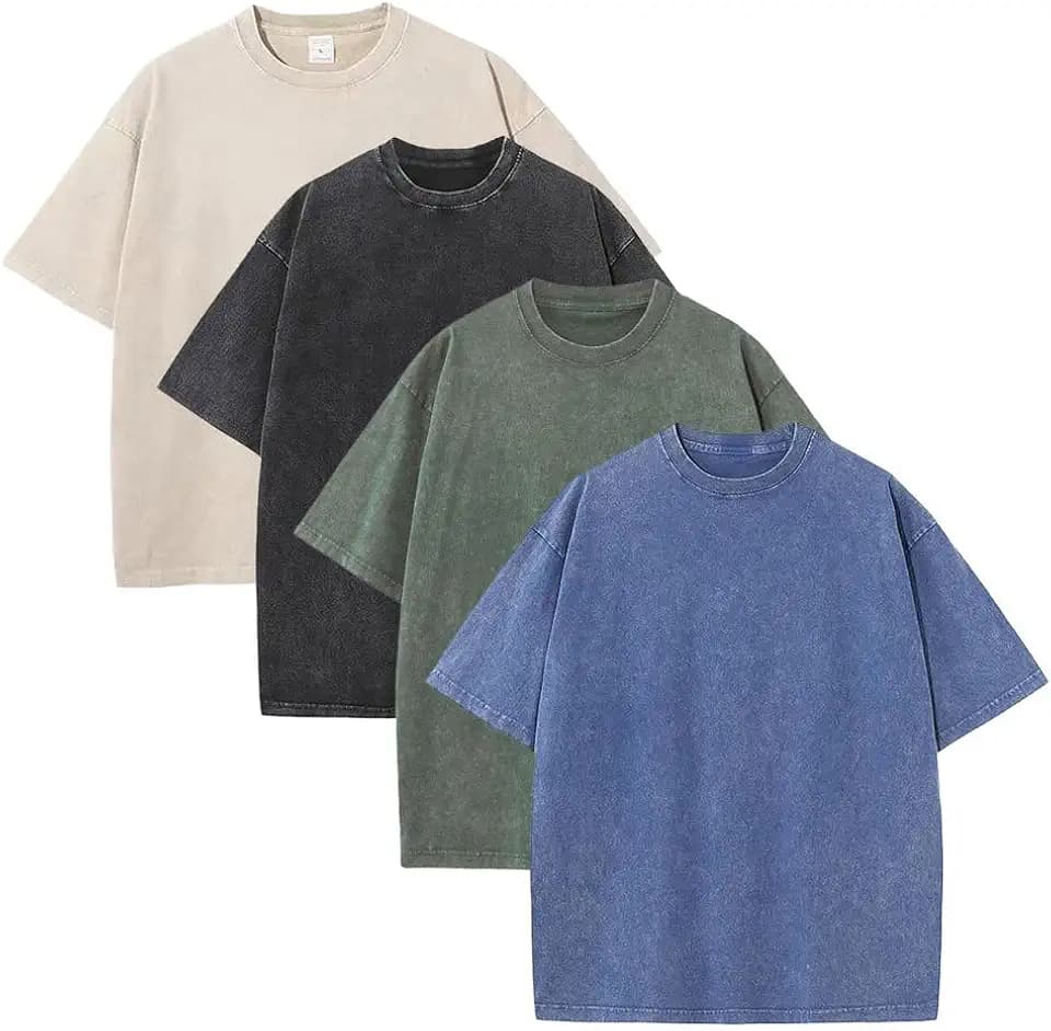 4 Pcs Men Oversized T-Shirts Heavyweight Cotton Gym Tee Vintage Acid Wash Unisex Workout T Shirts Loose Fit