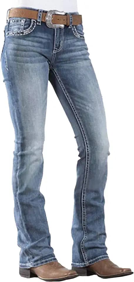 Women's Mid Rise Bootcut Jeans Western Stretchy Straight Leg Denim Pants