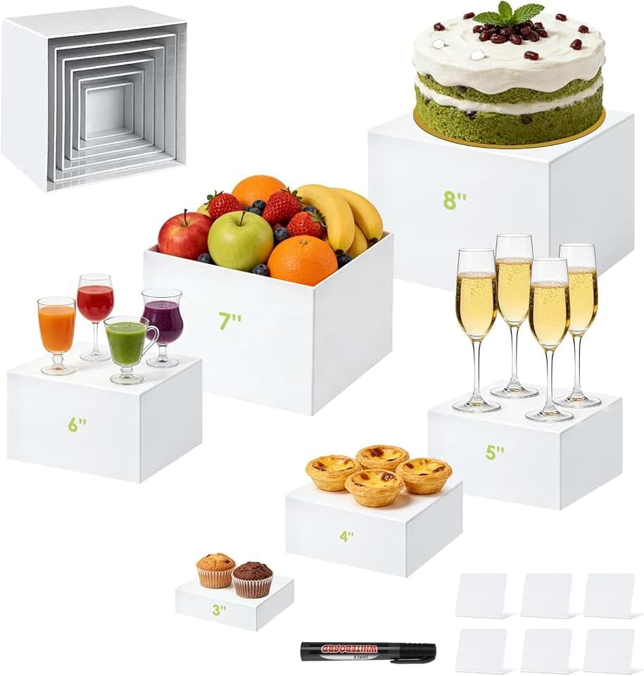 Buffet Risers 6 Stück Display Tortenständer Stufen-Präsentationsständer w / Schild ein Stift Acryl Catering Dessert Schmuck Zeigen Sammlerstücke Dekor 3x4x5x6x7x8 Zoll Würfel Buffettisch Regalboxen