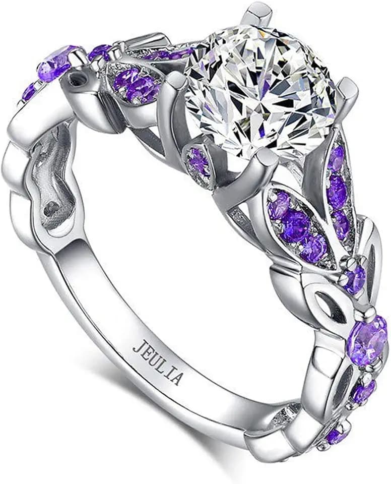 Jeulia 4.3 Carat Personalized Sterling Silver Butterfly Rings for Women Purple Amethyst Bridal Round Cut Wedding Engagement Eternity Valentine's Promise Ring Set