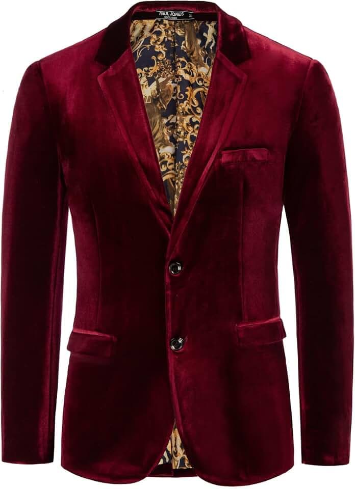 PJ PAUL JONES Mens Velvet Blazer Jacket Two Button Sport Coat Solid Suit Jackets for Dinner Prom Wedding