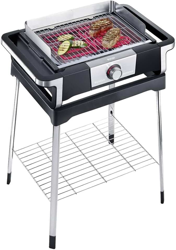 SEVERIN SENOA BOOST S Elektrogrill mit Standuntergestell, Standgrill mit schnellem Grillstart bis 500 °C, Balkon Grill mit SafeTouch-Oberfläche, Edelstahl/Schwarz, PG 8117