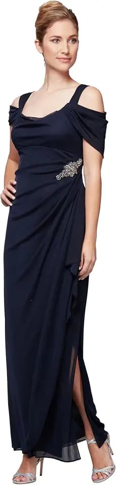 Alex Evenings Women's Long Cold Shoulder Mother of the Bride Dress with Beaded Detail at Hip