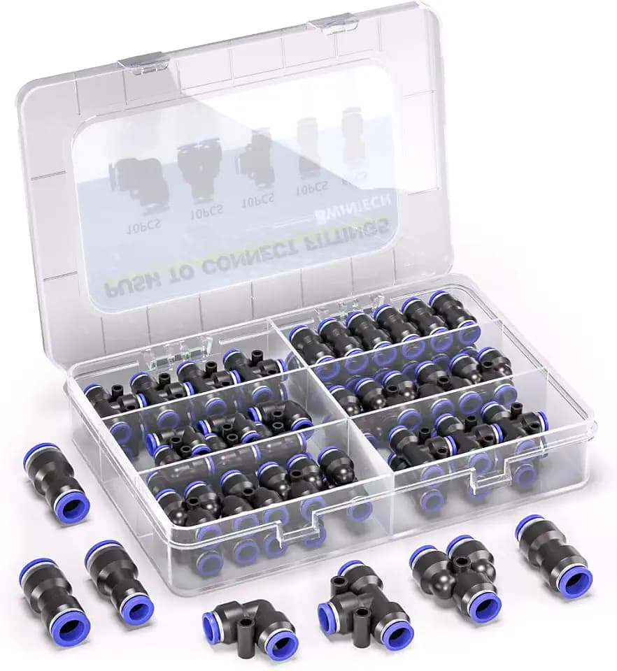 Bwintech 46-teiliges 8-mm-pneumatisches Quick-Push-In-Verbindungs-Kit für Luftschläuche (8-mm-Gerade/Winkel-/T-/Splitter-Anschluss und 4-6,4-8,6-8mm-Reduzieranschluss)