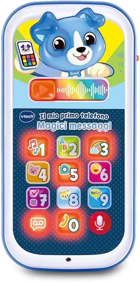 VTech Mein erstes Telefon – Magische blaue Nachrichten, interaktives Telefon für Kinder, lernen Sie die Zahlen und das Alphabet, Babyspiel mit 10 leuchtenden Tasten, italienische Sprache, Batterien im