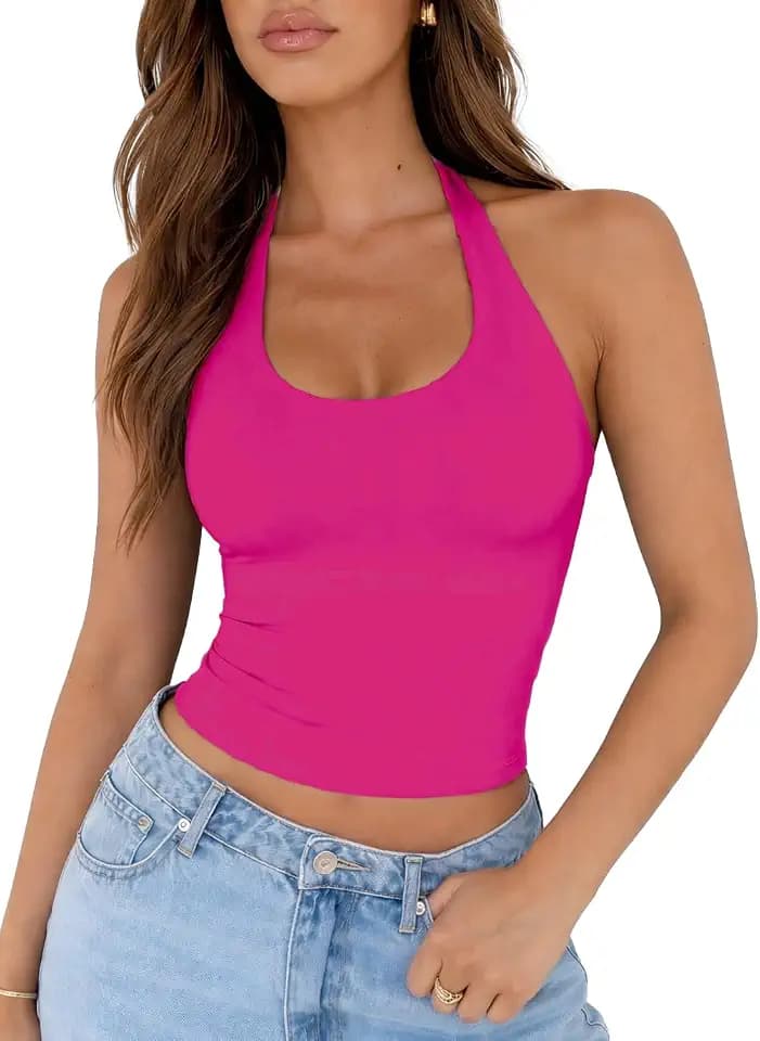 ForeFair Women Sexy Halter Neck Backless Going Out Tops Open Back Sleeveless Slim Fit Y2k Summer Tops