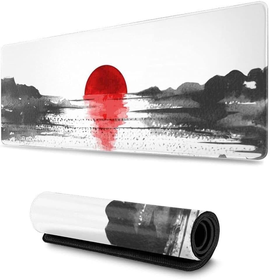 Gaming-Mauspad XL Motiv japanisch, See mit roter Sonne, asiatisch, verlängertes großes Mauspad, lange Schreibtischunterlage mit genähten Kanten, 80 x 30 cm