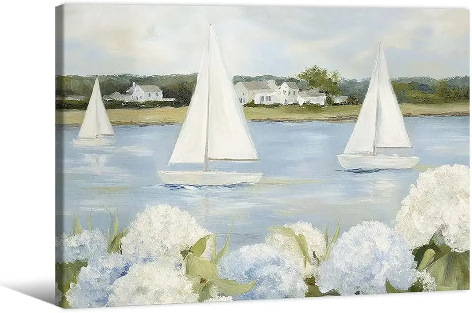 Light Blue Sailboat Hydrangea Wall Art 12X16 Inch Wrapped Framed Summer Nautical Coastal landscape Poster Preppy Aesthetic Canvas Painting for Beach House Wall Decor