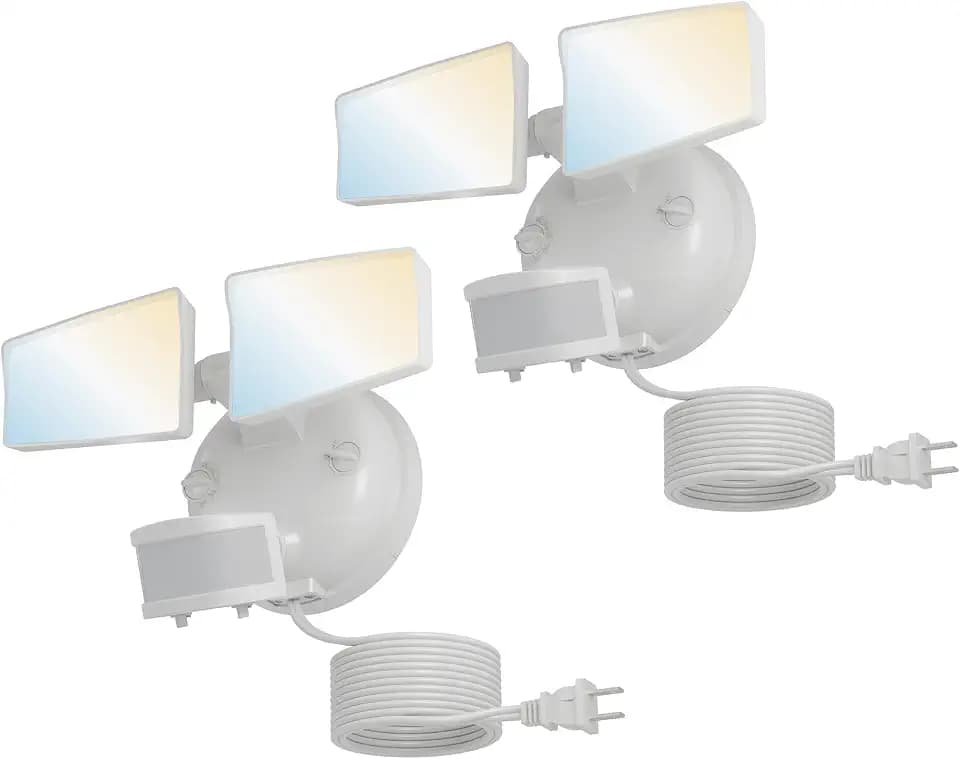 HALO Next Gen AC Plug & Cord LED Security Floodlight, Twin Head w/Motion Sensing, Dusk to Dawn, 2-Pack, CCT & Lumen Select - White