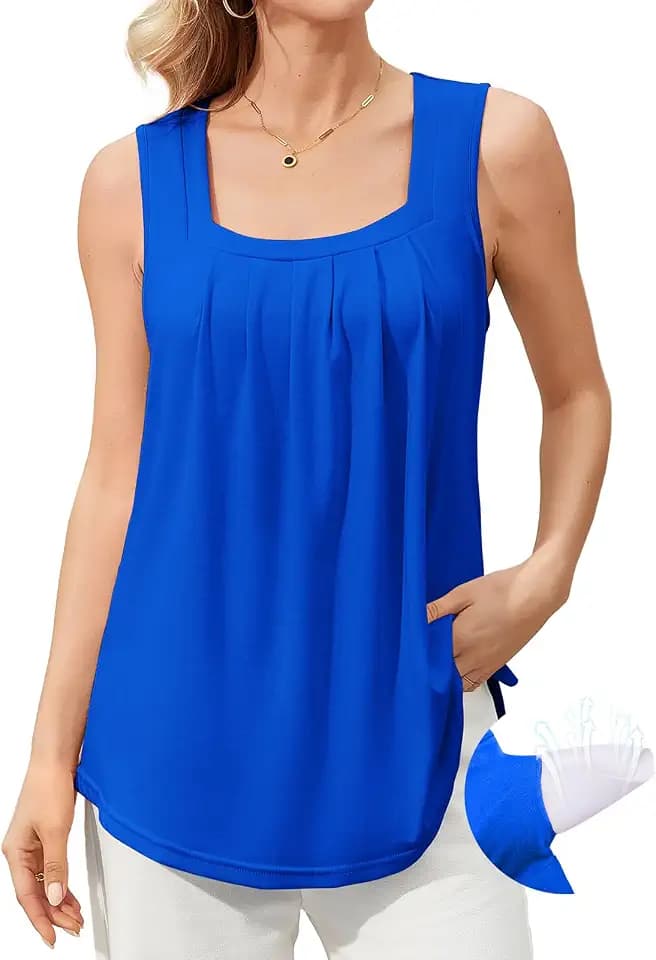 V FOR CITY Women Flowy Tank Top with Built in Bras Pleated Square Neck Tunic Tops Loose Summer Tanks Shirts