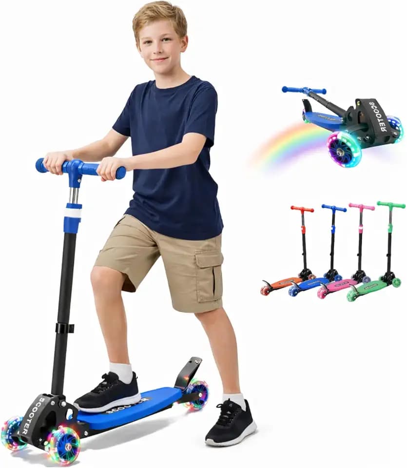 Kick Scooter for Kids Ages 6-12, Stable 3 Wheel Kids Scooter with LED Light-Up Wheels, 3 Adjustable Heights, Lean-to-Steer, Foldable, 6" Extra Wide Deck for Boys and Girls Gifts
