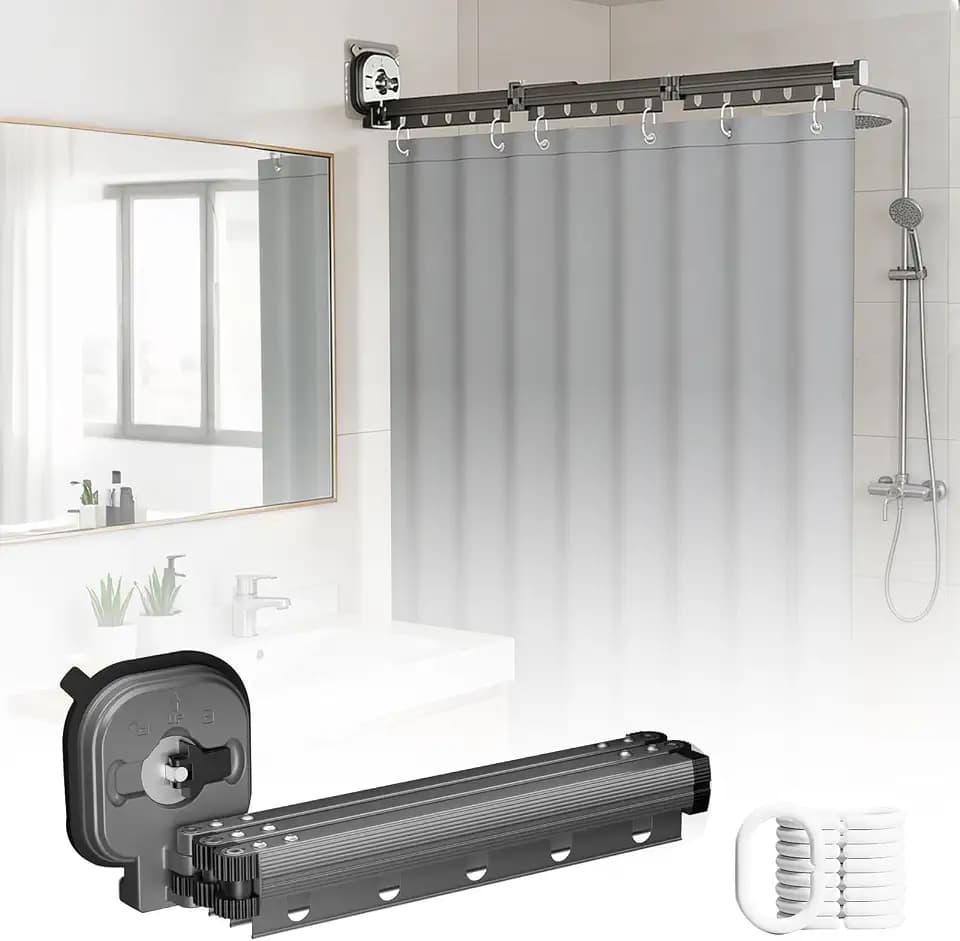 Faltbare Duschvorhangstange mit Saugnapf, Duschvorhangstange ohne Bohren, Wasserdicht Duschvorhang mit Stange, Wandmontage L/U Form Duschvorhang Stange für Ecke/Badewanne (Schwarz, 3-Segment)