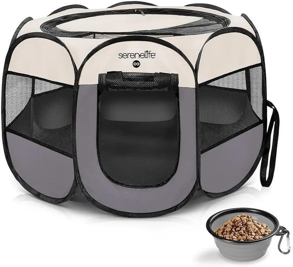 SereneLife On-The-Go Foldable Portable Pet Tent 8-Panel Playpen for Dog & Cat w/Food/Water Bowl, Mesh Exercise Puppy Playground, Pet House Indoor & Outdoor, Travel & Camping Pet Kennell (Grey- Large)