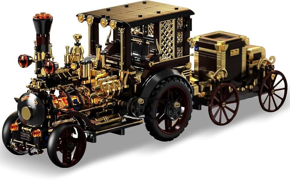 Retro mechanisches Dampfauto Klemmbausteine Technik, MOC-Oldtimer-Bausatz, Supercar-Spielzeugmodell, Bausteine für Erwachsene zum Sammeln von Autos(1-10)