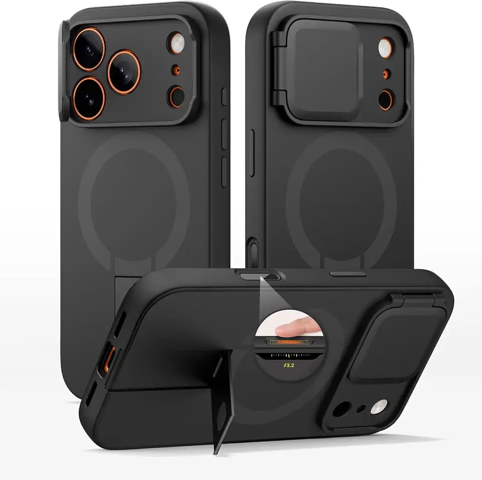 SURITCH for iPhone 17 Pro Max Case with Camera Control Cover, Camera Cover and Adjustable Kickstand, Compatible with MagSafe, Shockproof Bumper Protective Cases 6.9 Inch, Black