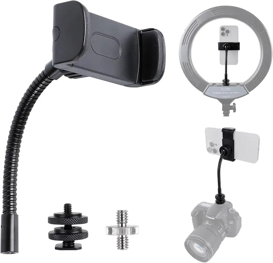 Universal Phone Holder for Ring Light, 1/4"-20 and Hot Shoe Adapter, Flexible Phone Mount for Ring Light and Tripod Stand Replacement