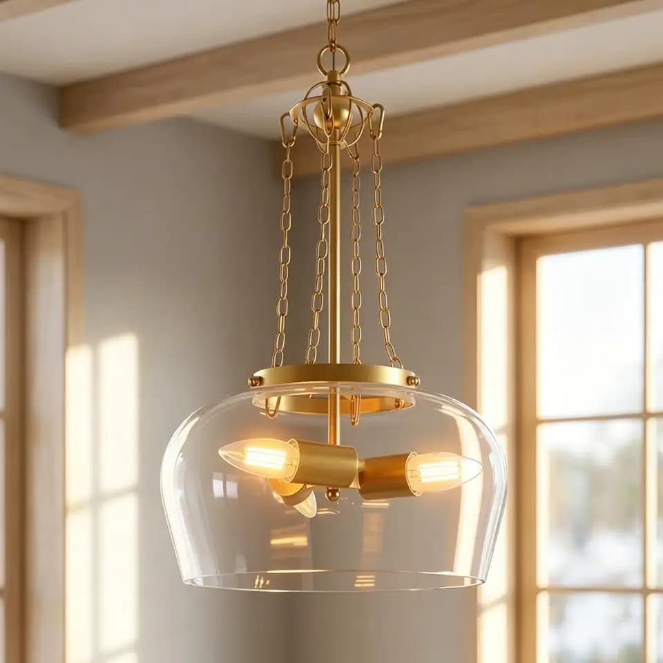 Gold Glass Pendant Light, Mid Century Modern Chandelier with Adjustable Chain, 3-Light Industrial Hanging Light Fixtures with Clear Glass Shade for Kitchen Island Dining Room and Foyer