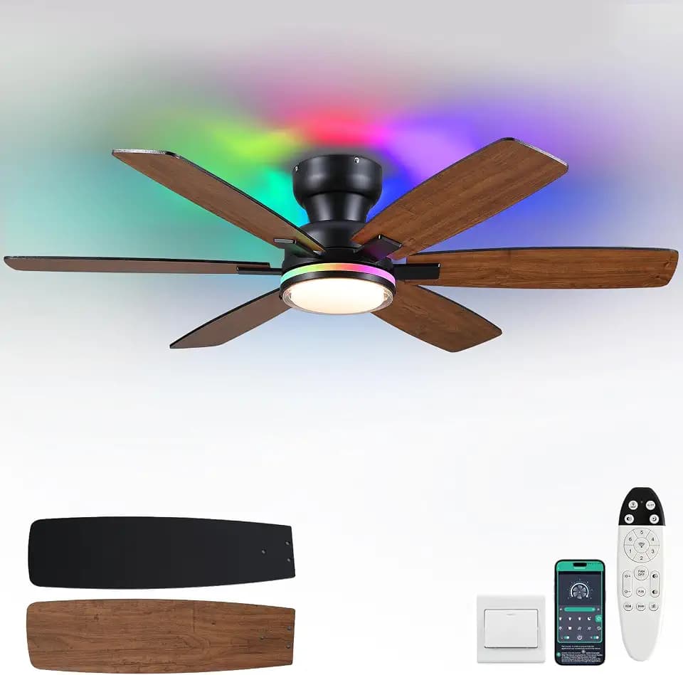 Kviflon 52 In Ceiling Fan with RGB Light Remote/APP,3CCT+RGB 6 Blades Brown