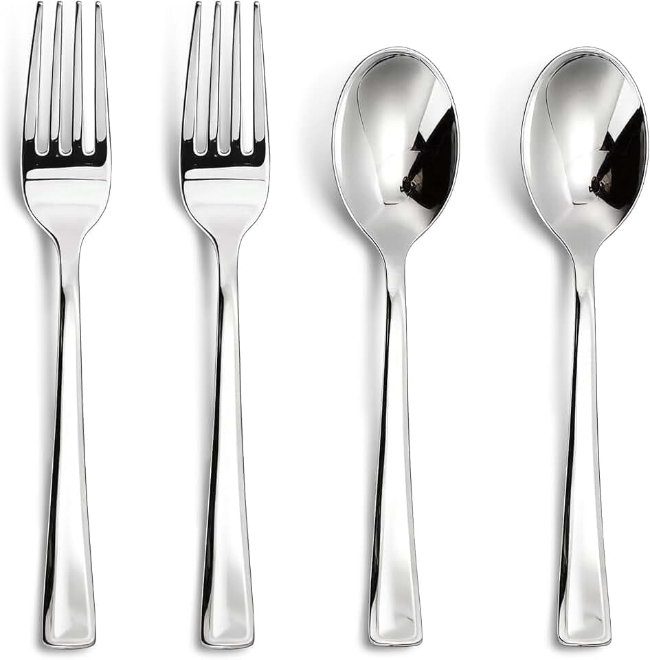 N9R 100PCS Silver Plastic Forks & Spoons, Heavy Duty Disposable Silverware
