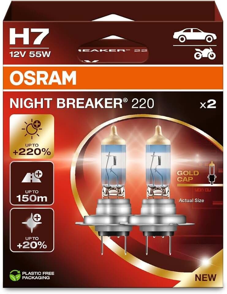 Osram NIGHT BREAKER 220, H7, +220% mehr Helligkeit, Halogen-Scheinwerferlampe, 64210NB220-2HB, Faltschachtel (2 Lampen)
